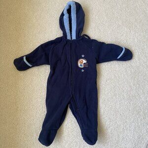 navy blue Okie Dokie baby boy fleece bunting suit with light blue trim